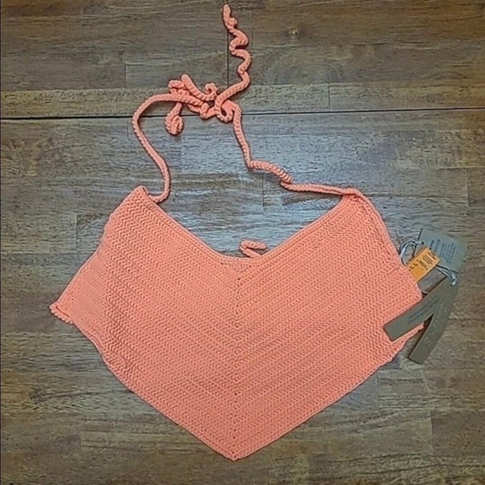NWT SKIMS Crochet Swim Hankerchief Bikini Top Neon Orange Coral XXS See Color